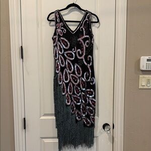 Elegant Black and Pink Beaded flapper Dress size medium